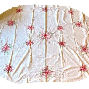 Floral Embroidered Christmas Oval Tablecloth. 55x73. New. Handmade. Cross stitch